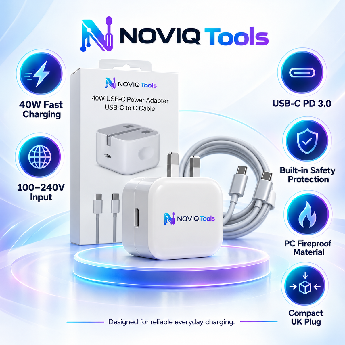 NOVIQ Tools 40W USB-C Fast Charger – UK Plug with USB-C Cable | PD 3.0
