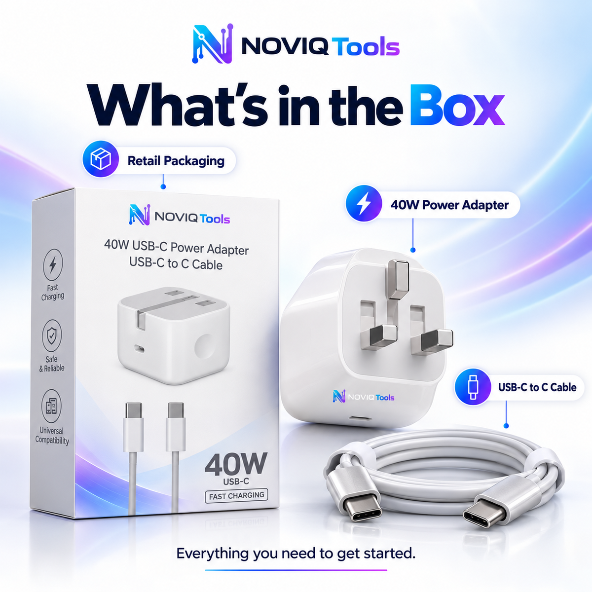 NOVIQ Tools 40W USB-C Fast Charger – UK Plug with USB-C Cable | PD 3.0