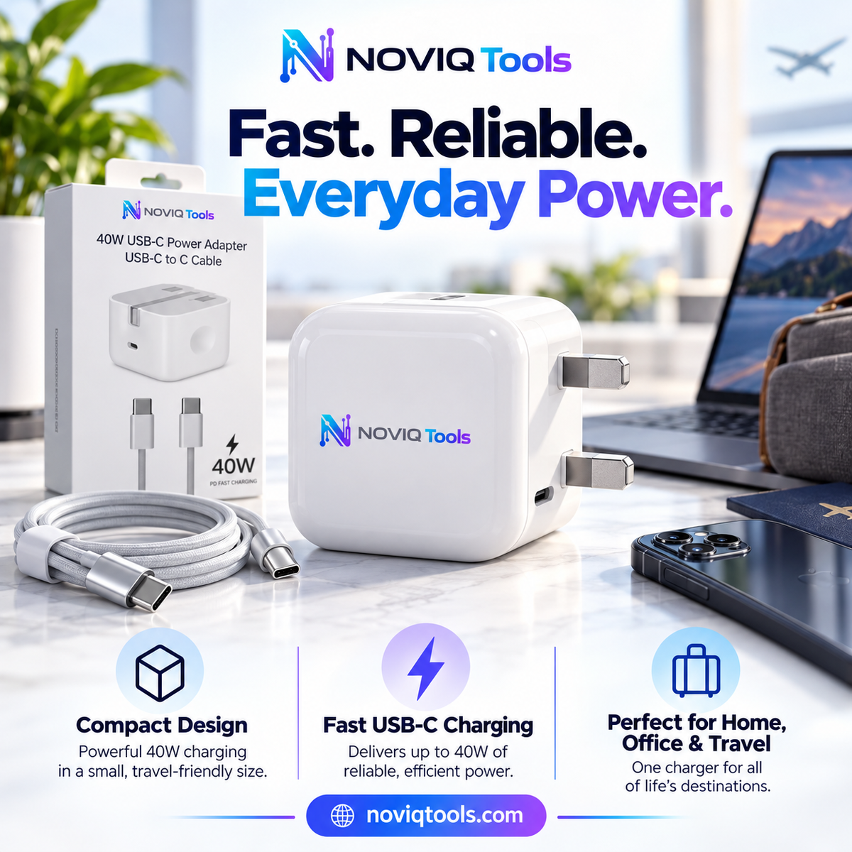 NOVIQ Tools 40W USB-C Fast Charger – UK Plug with USB-C Cable | PD 3.0