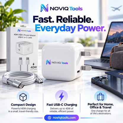 NOVIQ Tools 40W USB-C Fast Charger – UK Plug with USB-C Cable | PD 3.0